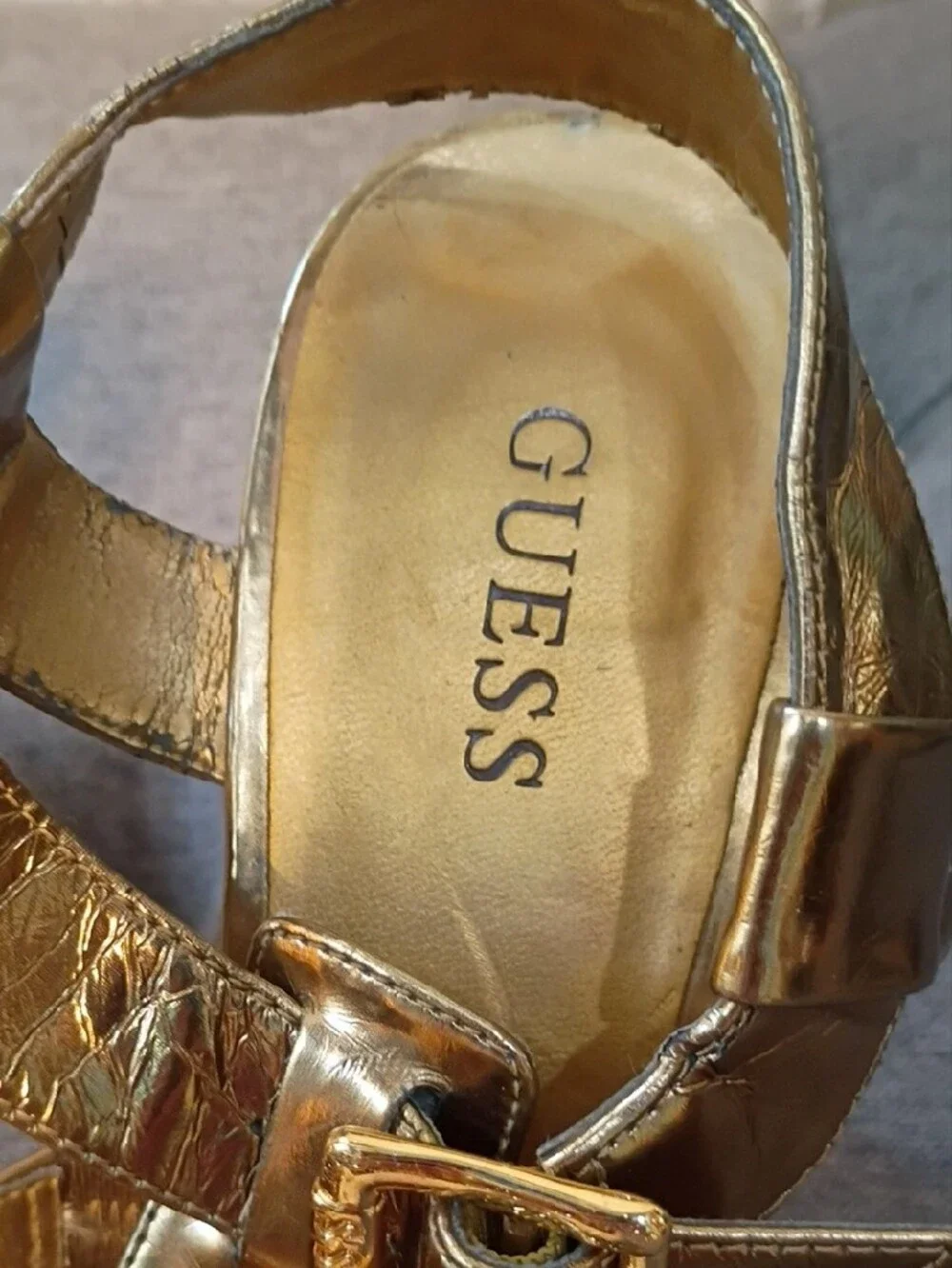 GUESS Gold Metallic Strappy Wedge Sandals